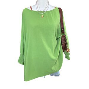 Vintage Lime Green Oversized Blouse Smocked Cuffs Batwing Sleeve Tunic Size M